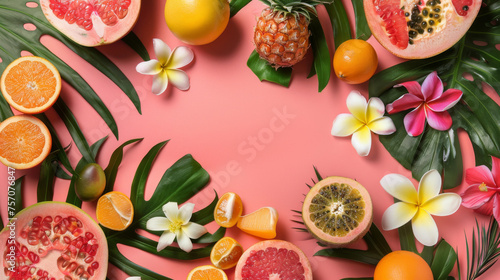 Tropical Fruit Assortment on Pink Background with Floral Accents