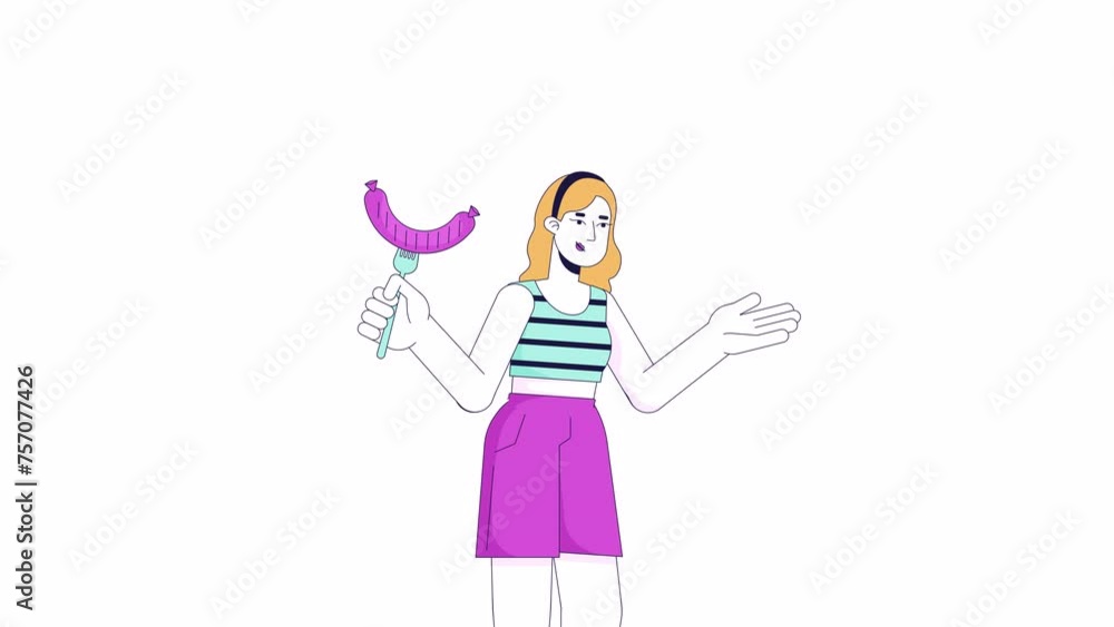 Caucasian woman with grilled sausage line cartoon animation. Barbeque party food 4K video motion graphic. Young female enjoying picnic 2D linear animated character isolated on white background Caucasian woman with grilled sausage line cartoon animation. Barbeque party food 4K video motion graphic. Young female enjoying picnic 2D linear animated character isolated on white background