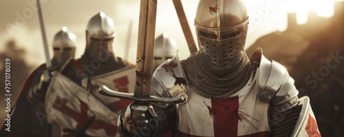Knights Templar in silent prayer their crosses a beacon of hope and unwavering belief photo
