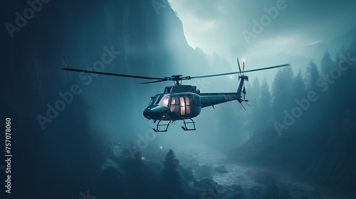 Step into the realm of hazy aesthetics, where a helicopter's spotlight diffuses softly through the atmosphere, creating an enigmatic and dreamlike scene