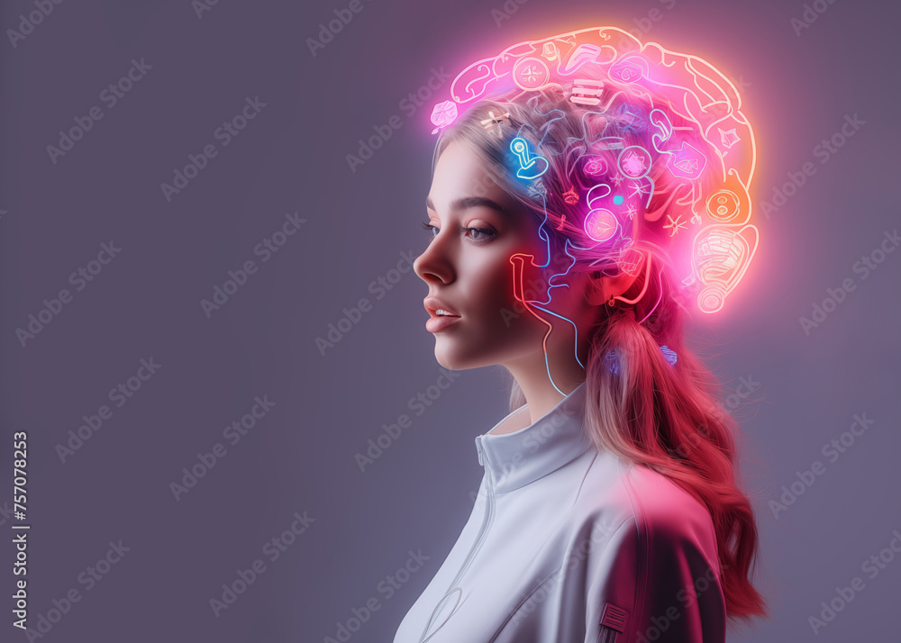 Portrait of young woman with glowing neon brain. Isolated purple grey background. Creative concept of artificial intelligence, future technology, medicine, knowledge, brainstorming.