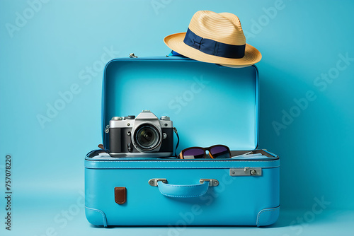 Open suitcase, hat, sunglasses, camera on a blue background