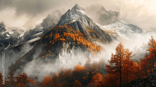 Mountain surrounding by fog in autumn landscape paronama photo