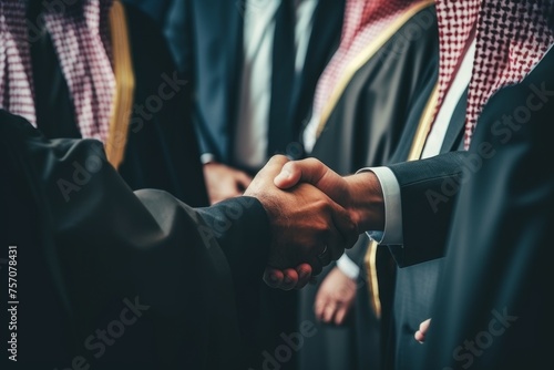 Arab sheikhs in traditional attire negotiating with business partners in professional suits photo