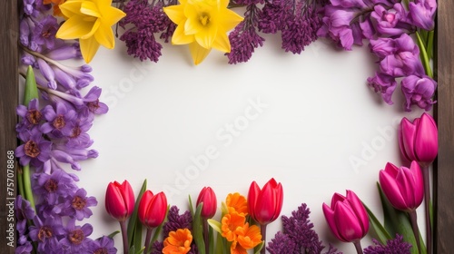 Spring flowers frame with tulips  daffodils  azaleas on white background. Copy space in the middle