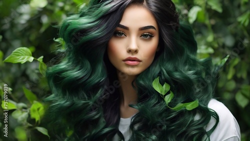 strong  healthy black hair of a beautiful girl is developing  the concept of green hair cosmetics  advertising photo  green leaves  rich colors  dynamics