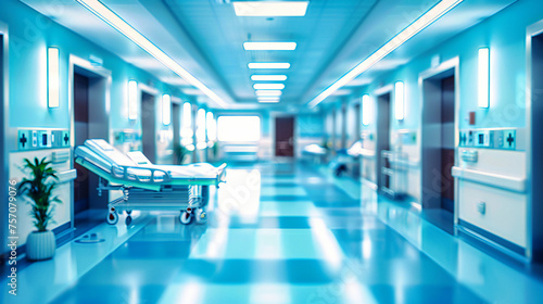 Hospital corridor with a blurred perspective, emphasizing healthcare services and medical professionalism