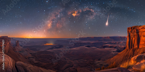 A bright comet flying in sandstone cliffs at night  background  starry sky of canyonlands at night 