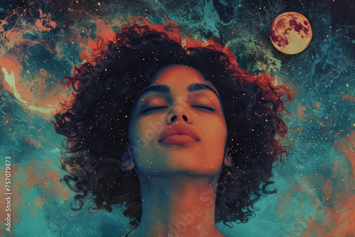 A collage of stars and moon, a beautiful woman with short curly hair is looking up at the sky, she has her eyes closed.