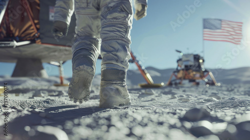 The image captures the astronaut's boots and legs on the moon's surface, evoking the spirit of exploration and science