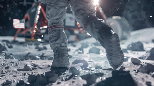 Focused on astronaut's legs in spacesuit as they traverse moon surface against backdrop of the American flag