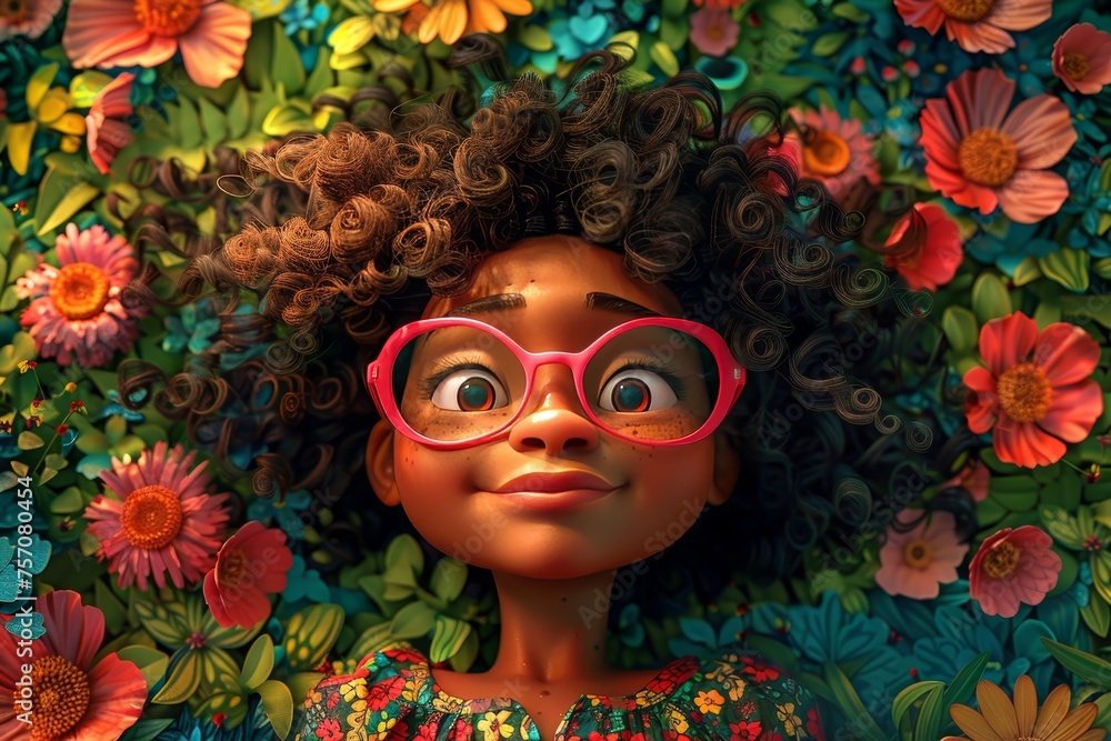 African American girl with pink glasses smiling while laying on a green and colorful flower patterned blanket in an overhead shot. 
