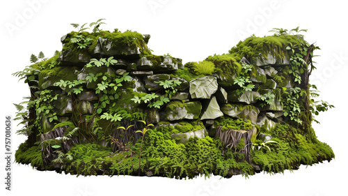mossy stone wall and mossy stump surrounded by vegetation in the forest isolated on transparent background photo