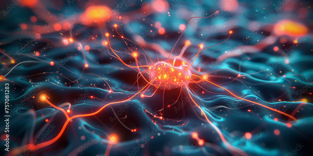 Neural network with glowing neurons on a dark background, closeup of Neurons cell in brain structure. ,banner Neural network with glowing neurons on a dark background, closeup of Neurons cell in brain structure. ,banner
