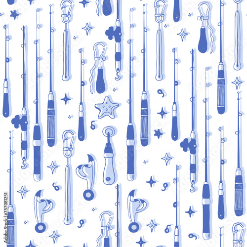 Vector illustration, pattern for fishing, fish, rods, hooks, bait, bucket