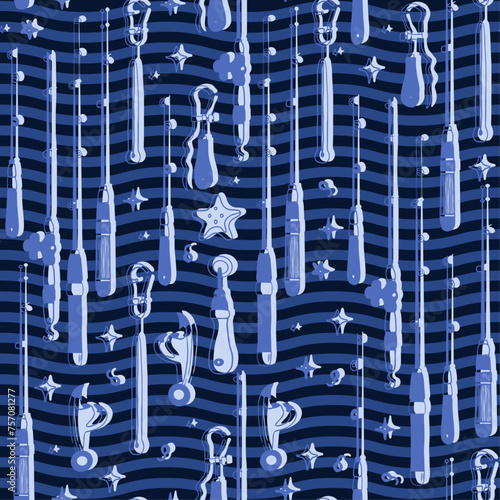 Vector illustration, pattern for fishing, fish, rods, hooks, bait, bucket