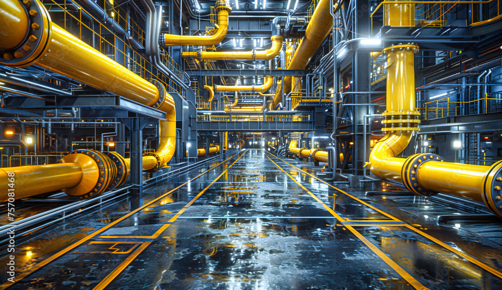 Heavy steel pipes and tubes in a factory setting, showcasing the infrastructure of fuel and energy production Heavy steel pipes and tubes in a factory setting, showcasing the infrastructure of fuel and energy production