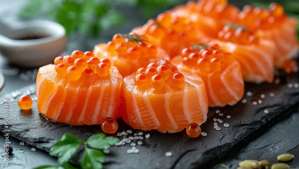 Salmon Sushi with Red Caviar on Black Stone Background. Salmon Sushi with Red Caviar on Black Stone Background.