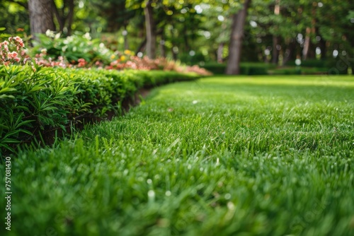 Beautiful manicured lawn and flowerbed with deciduous shrubs on plot or Park outdoor. Green lawn closely mowed as grass background.