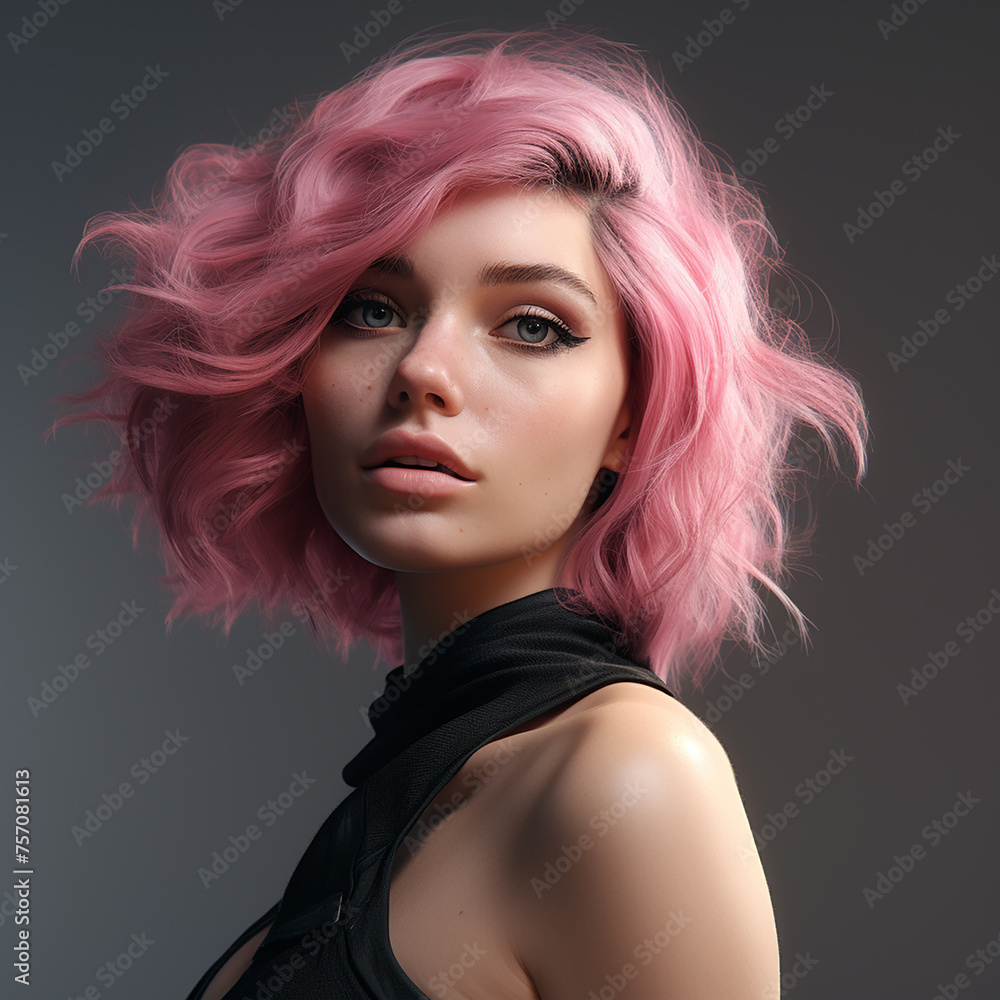 3d rendered portrait of a woman with black top and pink hair made with generative AI