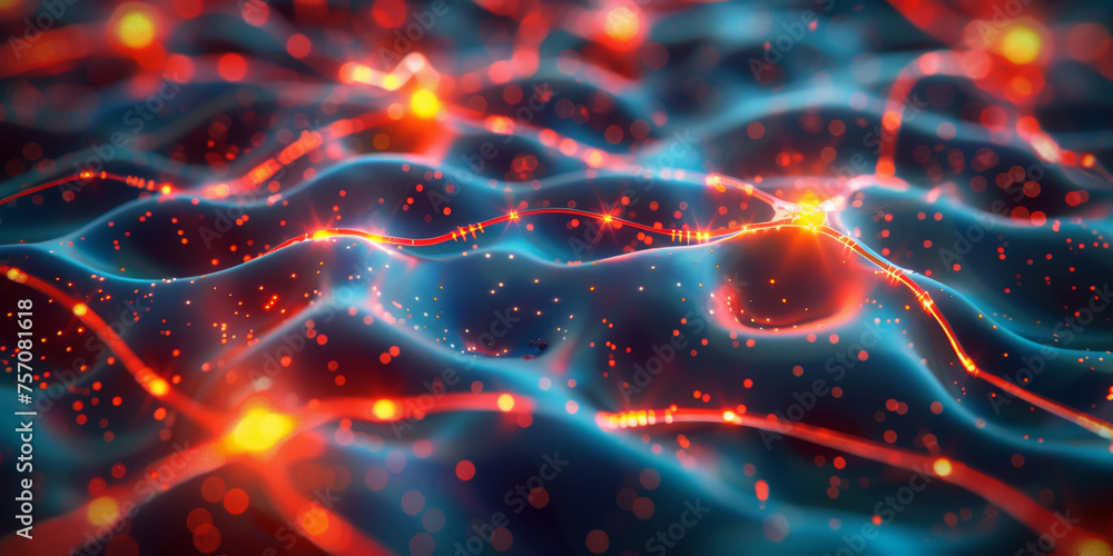 Neural network with glowing neurons on a dark background, closeup of Neurons cell in  brain structure. ,banner