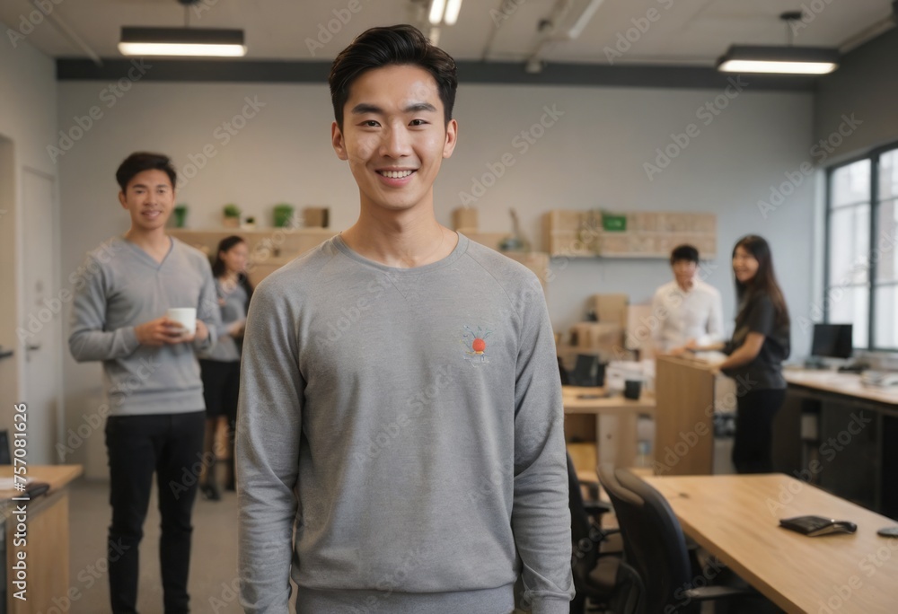 A confident young man smiles in a contemporary office space, with colleagues behind. He's wearing a grey long-sleeved shirt.