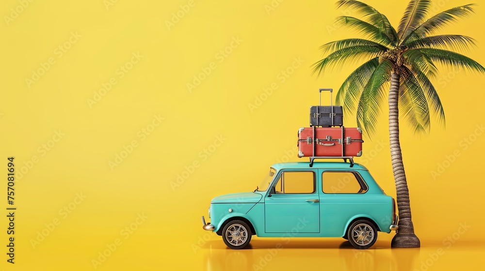 Blue Car with Luggage near Palm Tree, Yellow background with copy space Blue Car with Luggage near Palm Tree, Yellow background with copy space