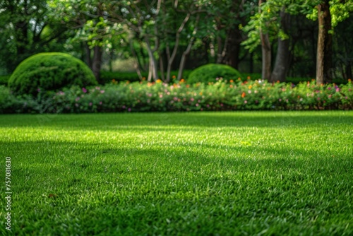 Beautiful manicured lawn and flowerbed with deciduous shrubs on plot or Park outdoor. Green lawn closely mowed as grass background.