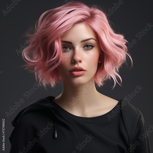3d rendered portrait of a woman with black top and pink hair made with generative AI