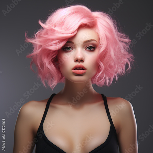 3d rendered portrait of a woman with black top and pink hair made with generative AI