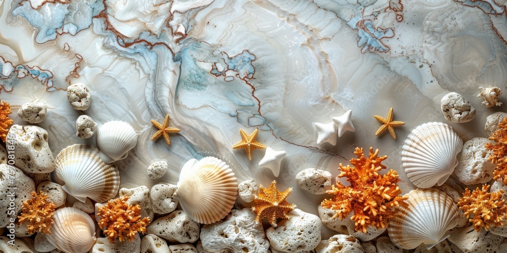 Obraz premium Marble background with seashells and starfish. Top view.