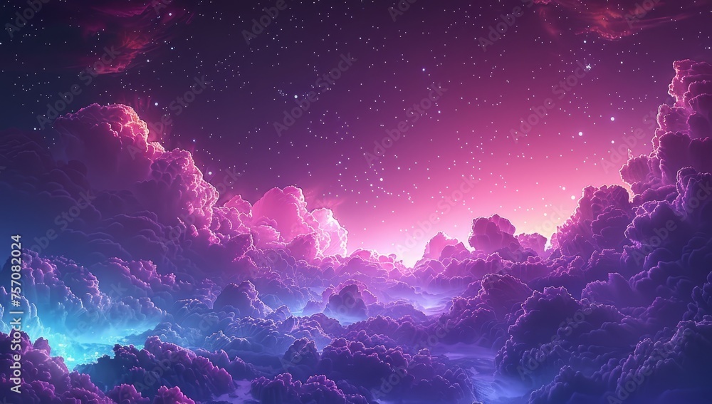 A breathtaking anime sky with vibrant purple and pink clouds, illuminated by the soft glow of stars in an enchanting night scene.