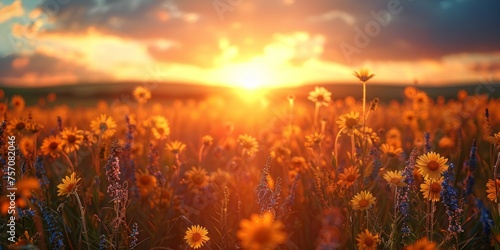Breathtaking sunset illuminating a meadow teeming with wildflowers