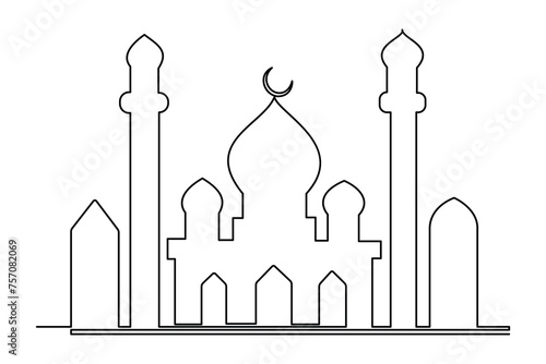 Continuous one line drawing Ramadan kareem symbol. mosque line concept. Eid Mubarak, Eid Fitr vector minimalist design islamic mosque outline ornament background.