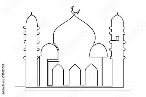 Continuous one line drawing Ramadan kareem symbol. mosque line concept. Eid Mubarak, Eid Fitr vector minimalist design islamic mosque outline ornament background.