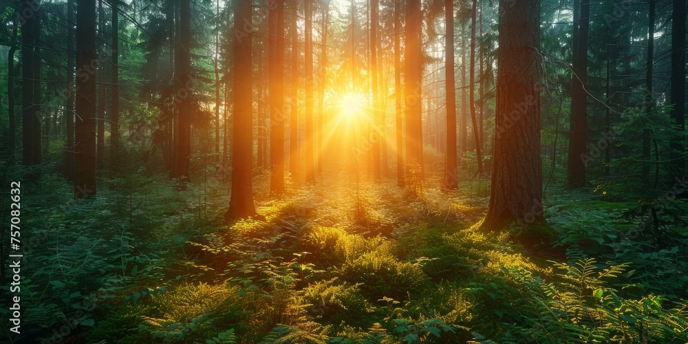 Breathtaking sunrise illuminating a lush forest