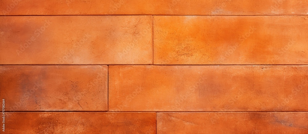 Obraz premium A close up of a weathered brick wall with hues of brown, amber, and orange. The flooring is a wood stained laminate, creating a rustic yet modern look
