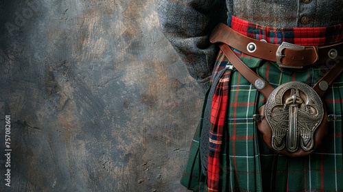 A person standing confidently in a kilt, adorned with a statement belt