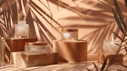 Elegant Candle Jars and Wooden Podiums A Luxurious Display for Beauty Products