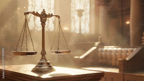 Copper Scales of Justice Basking in the Light of Truth and Fairness in a Traditional Courtroom