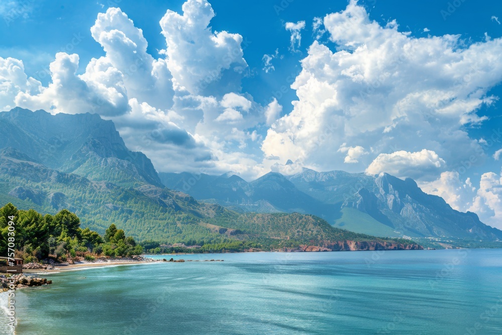 Beautiful panoramic view of sea and beach Cirali, Kemer, Antalya, Turkey. Mountains and blue sky with clouds on sunny day.