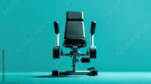 Black office chair resting on a vibrant blue floor