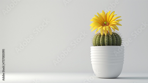 cactus in a white pot with yellow flower isolated on white background