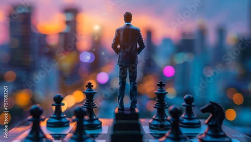 Businessman standing on chessboard looking at city skyline