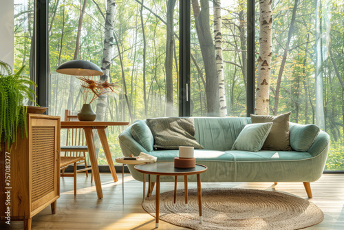 Modern dining room with a round wooden table, a mint green sofa and a cabinet against a forest landscape outside the window. Scandinavian home interior design of a modern living space