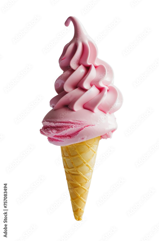 Naklejka premium pink ice cream with yellow cone floating on transparency background PNG