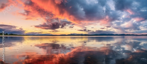 A picturesque natural landscape at dusk  with cumulus clouds reflecting in the calm waters of the lake  creating a stunning horizon at sunrise