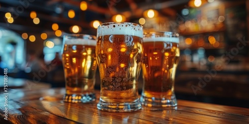 Amber beer showcased in three glasses on a pubs wooden table