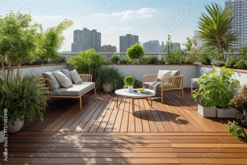 cozy balcony with a sofa, chairs, and a table. The balcony is made of wood and overlooks the city.
