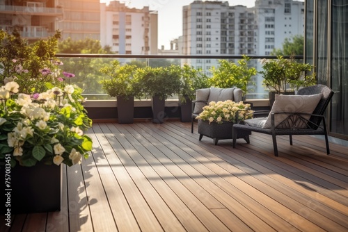 a cozy balcony equipped for relaxation. There are two wooden chairs with soft cushions and a round glass table. The table is decorated with a bouquet of flowers in a vase. The balcony floor is tiled. 